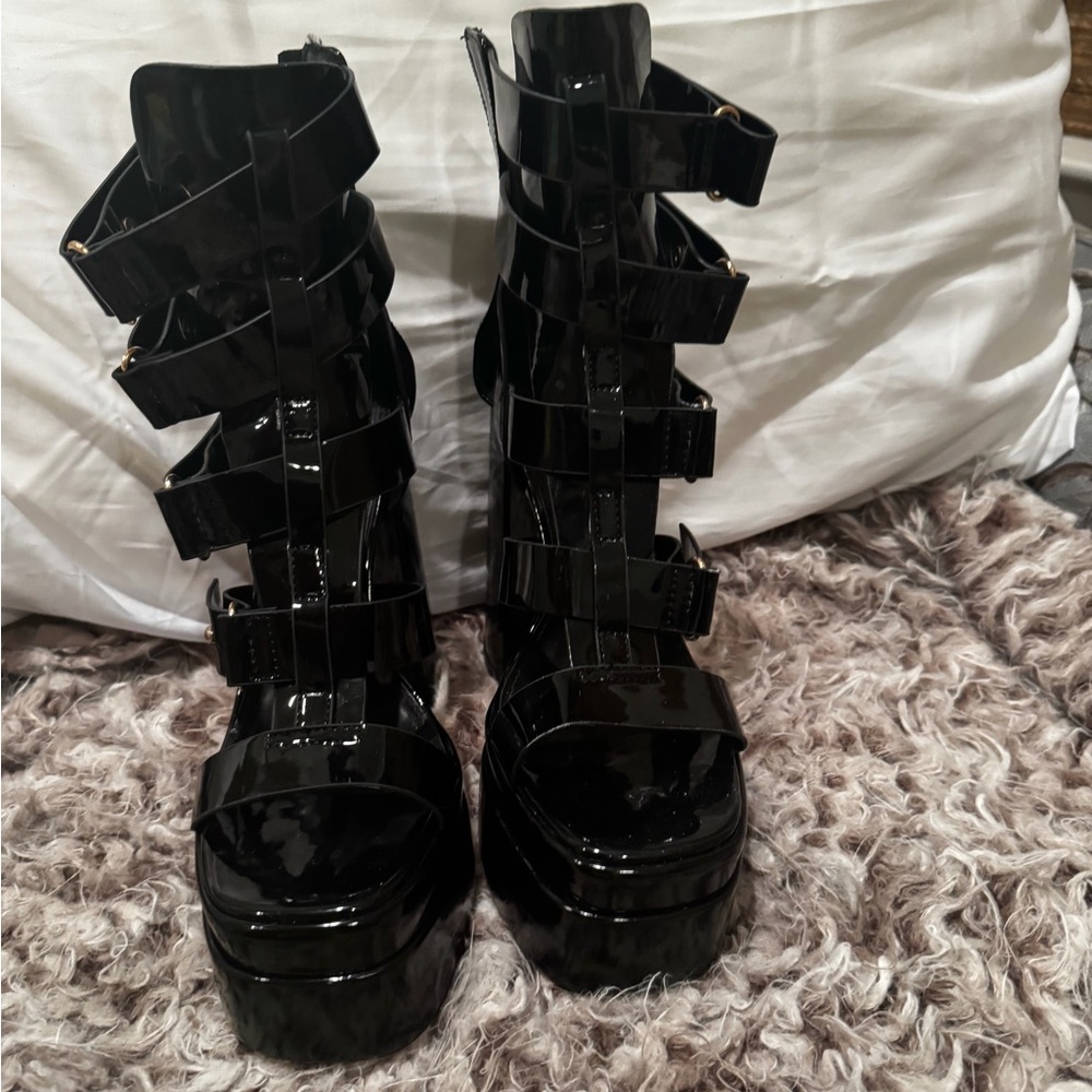 Dolls Kill Glossy Black Multi-Strap Platform Heels